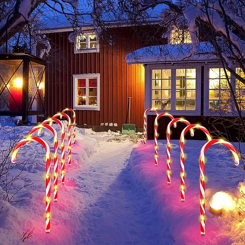 5-in-1 Solar Christmas Star, Snowflake, Peppermint Candy Cane Stake Lights - Outdoor Pathway Decoration Pathway Lights for Yard & Garden4