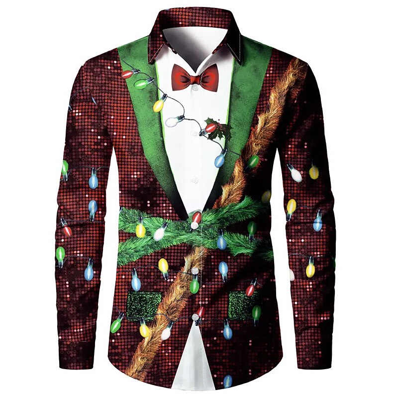 Christmas Men's Christmas Costume Printed Shirts Tree Casual Outdoor Street Fall & Winter Turndown Long Sleeve Burgundy Green S M L Shirt2
