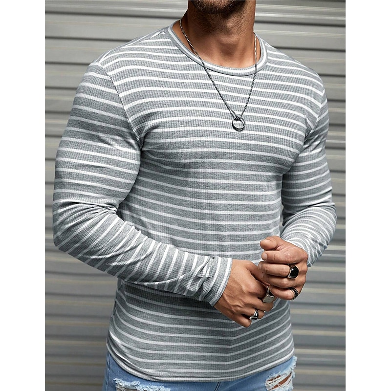 Men's T Shirt Tee Top Long Sleeve Shirt Long Sleeve Crew Neck Spring &  Fall Striped Fashion Designer Basic Vacation Street Going out Gray Top Tee for Men2