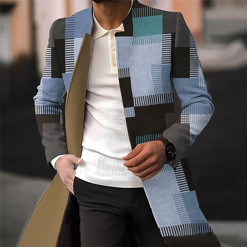 Men's Plaid / Check Graphic Prints Geometry Winter Coat Overcoat Coat Warm Comfortable Breathable Fashion Streetwear Business Work Wear to work Going out Pocket Print Fall & Winter Turndown Long4