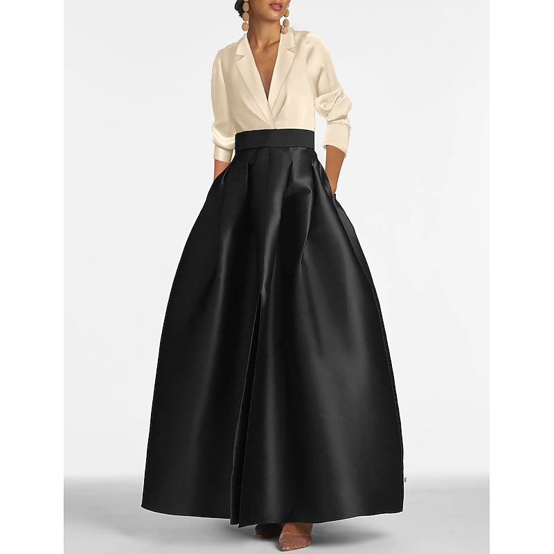 A-Line Evening Gown Elegant Dress Tuxedo Dress Wedding Black Tie Floor Length Long Sleeve V Neck Fall Wedding Guest Satin with Ruched Pocket2