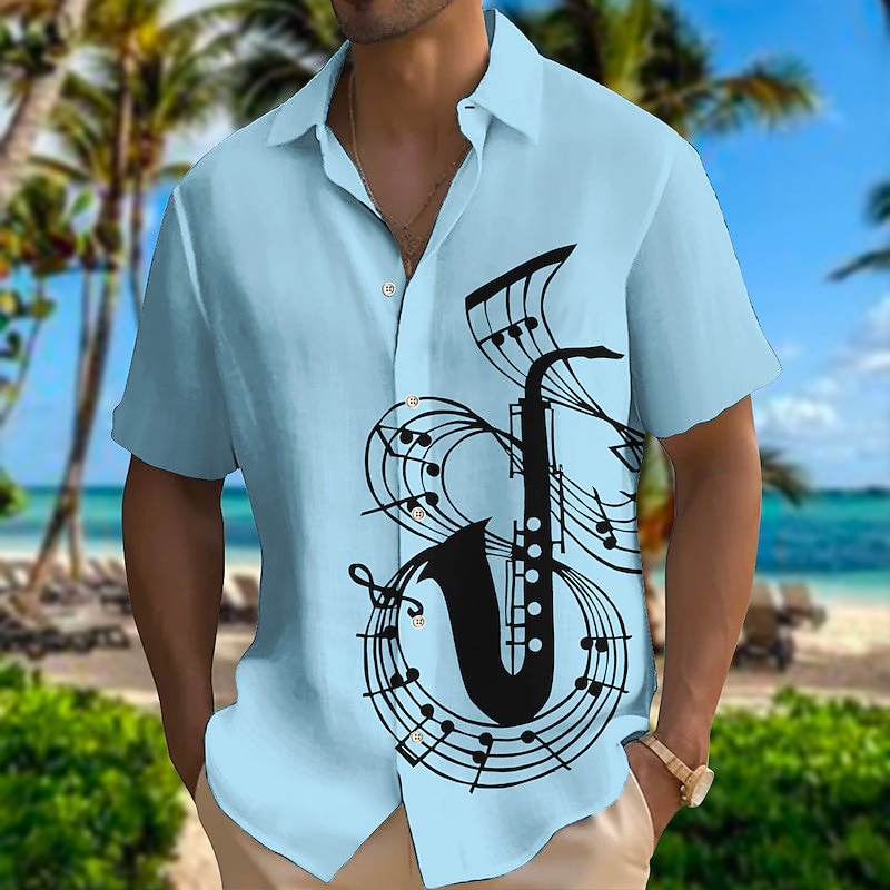 Men's Boardmasters Music Notes Shirt Summer Hawaiian Shirt Button Up Shirt Short Sleeves Fashion Designer Casual Outdoor Street Casual Summer Spring Turndown Print White Pink Blue Green2