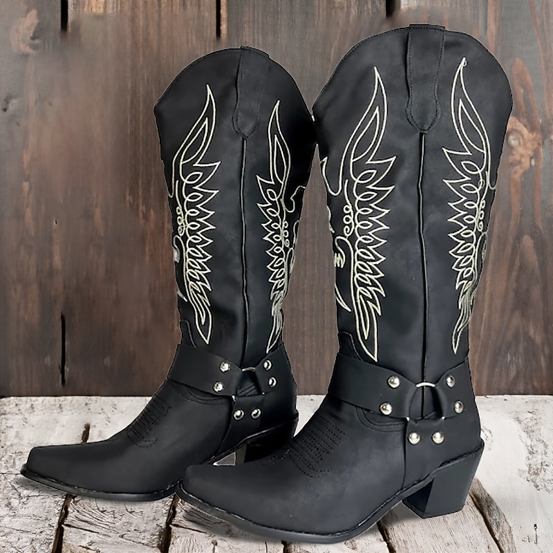Men's Black Western Cowboy Boots – Embroidered Design with Harness Strap and Metal Stud Details, Ideal for Rodeo, Ranch, and Casual Wear