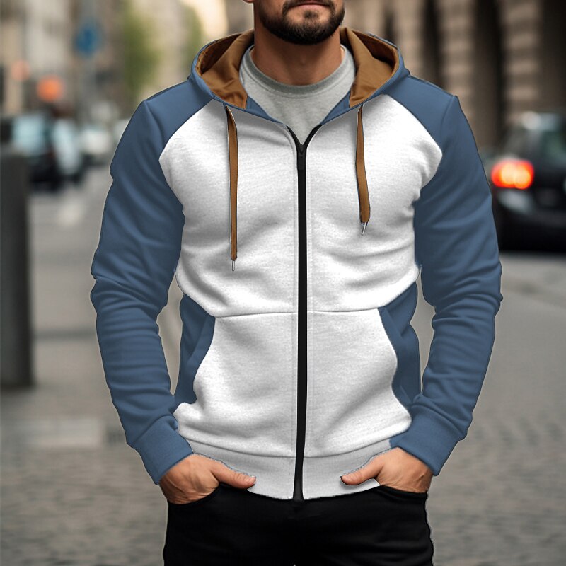 Men's Zip Up Hoodie Zip Up Hoodies White Army Green Navy Blue Brown Hooded Color Block Zip Up Sports & Outdoor Daily Holiday Polyester Streetwear Cool Casual Spring &  Fall Clothing Apparel Hoodies3