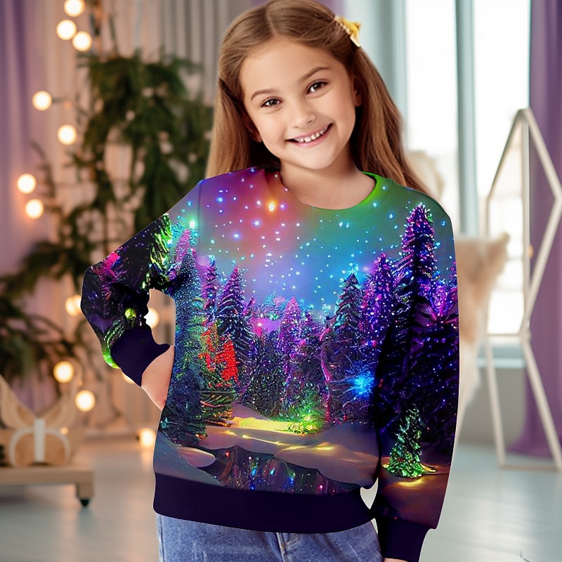 Girls' 3D Christmas Tree Christmas Sweatshirt Sweatshirt Pullover Long Sleeve 3D Print Fall Winter Fashion Streetwear Adorable Polyester Kids 3-12 Years 4-12 Years Crew Neck Outdoor Casual Daily2