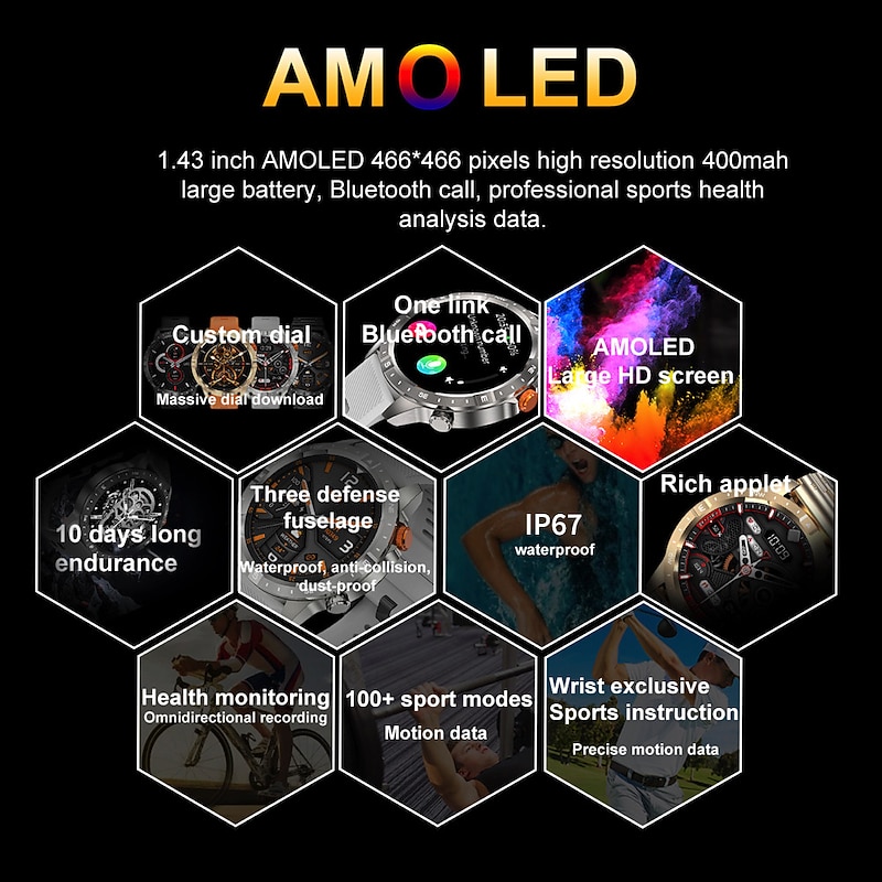 696 AK57 Smart Watch 1.43 inch Smartwatch Fitness Running Watch Bluetooth Pedometer Call Reminder Sleep Tracker Compatible with Android iOS Men Hands-Free Calls Message Reminder Custom Watch Face IP4