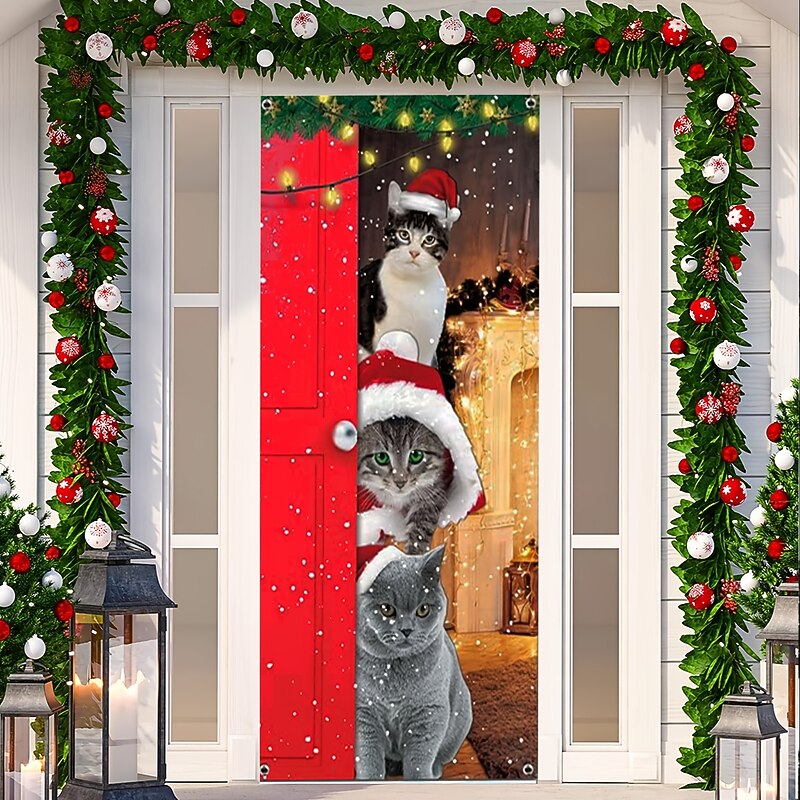 Christmas Door Decorations Cats Door Covers Door Tapestry Door Curtain Decoration Xmas Backdrop Door Banner for Front Door Holiday Party Decor Supplies