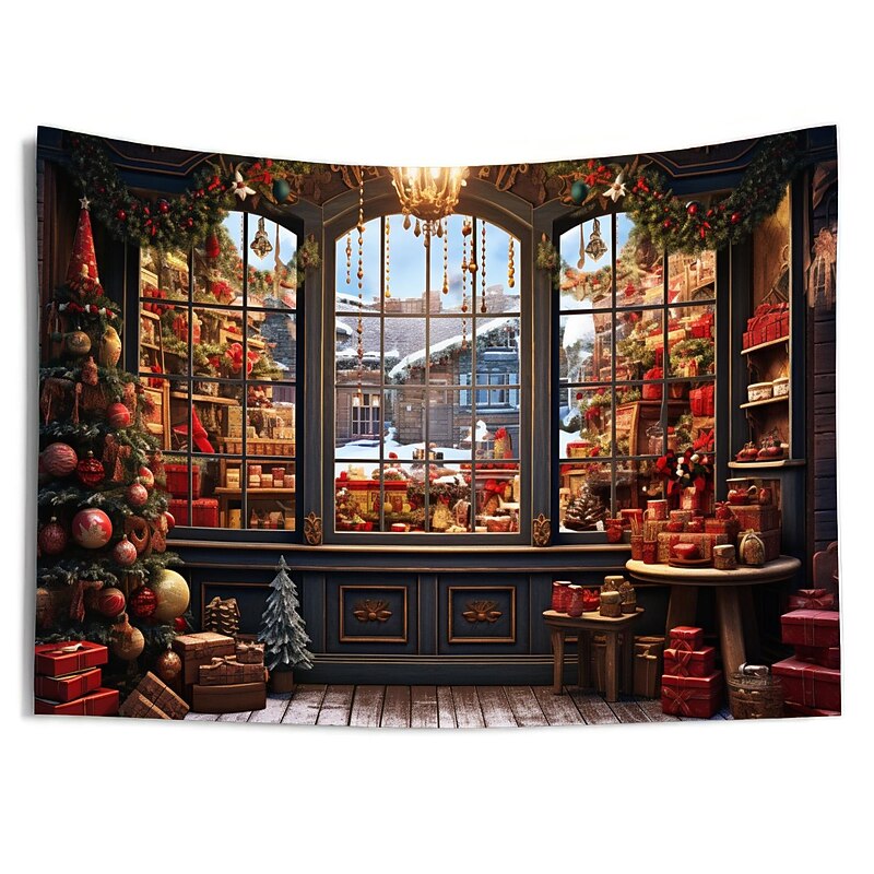 Christmas Decorations Window Town View Hanging Tapestry Wall Art Xmas Large Tapestry Mural Decor Photograph Backdrop Blanket Curtain Home Bedroom Living Room Decoration4