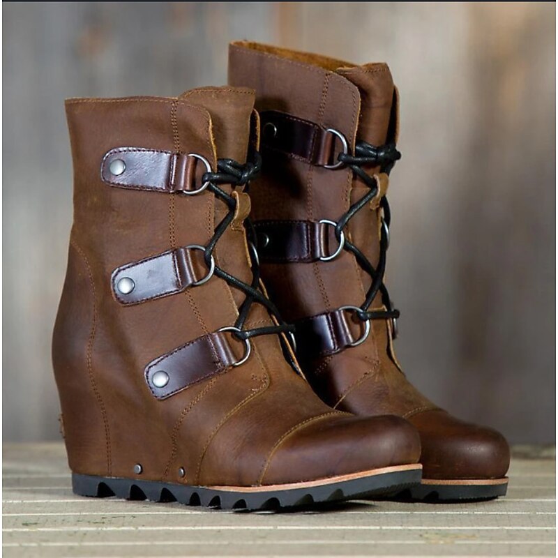 Women's Faux Leather Wedge Boots with Lace-Up Straps - Stylish and Durable Footwear for Outdoor Adventures and Everyday Wear