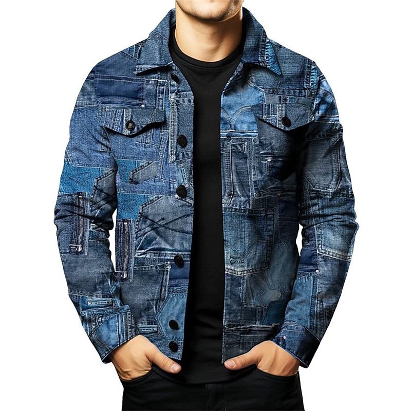 Men's Color Block Shirt Shirt Jacket Overshirt Long Sleeve Vintage Outdoor Street Casual Daily Fall & Winter Turndown Buttons Pocket Print Dark Navy Blue