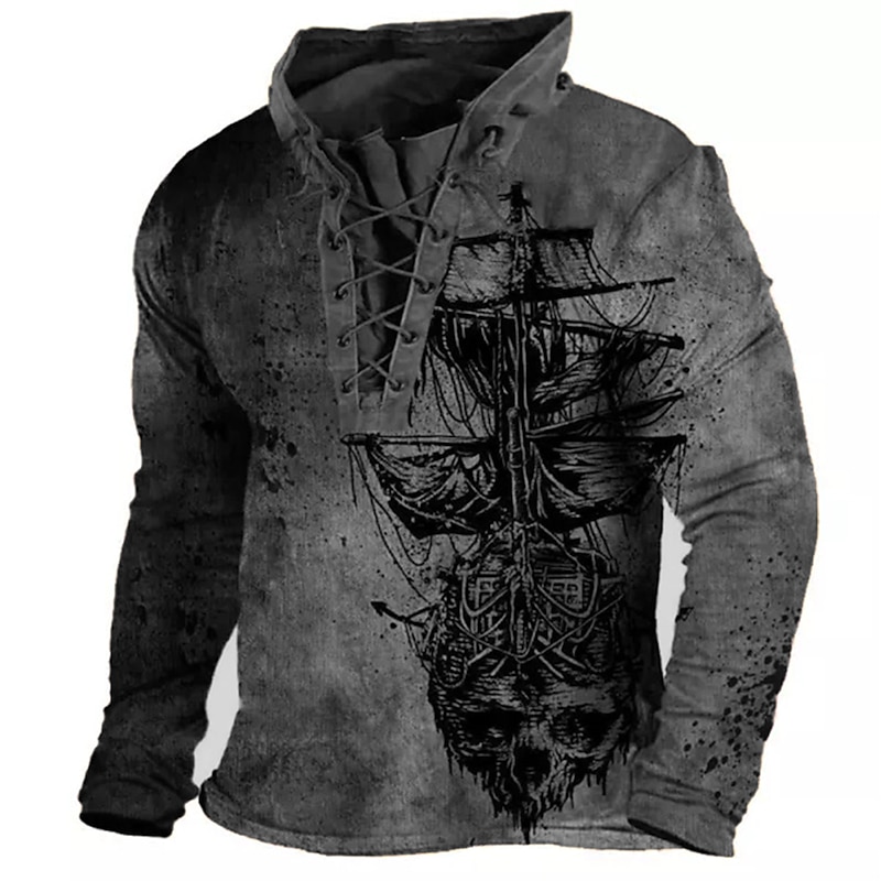 Men's Skull Nautical Graphic Prints Sweatshirt Pullover Long Sleeve Sweatshirt Standing Collar Streetwear Designer Basic 3D Print Sports & Outdoor Casual Daily Lace up Spring &  Fall3