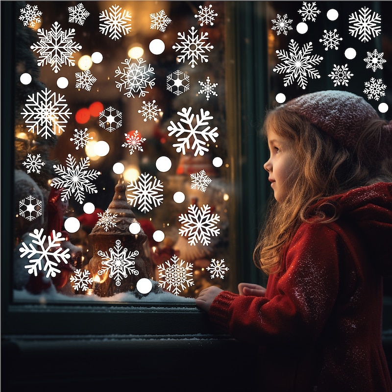 6sheets/set, 114pcs Snowflake Window Stickers, Christmas Decorations, Winter Door Background Decoration, White Snowflake Electrostatic Glass Stickers3