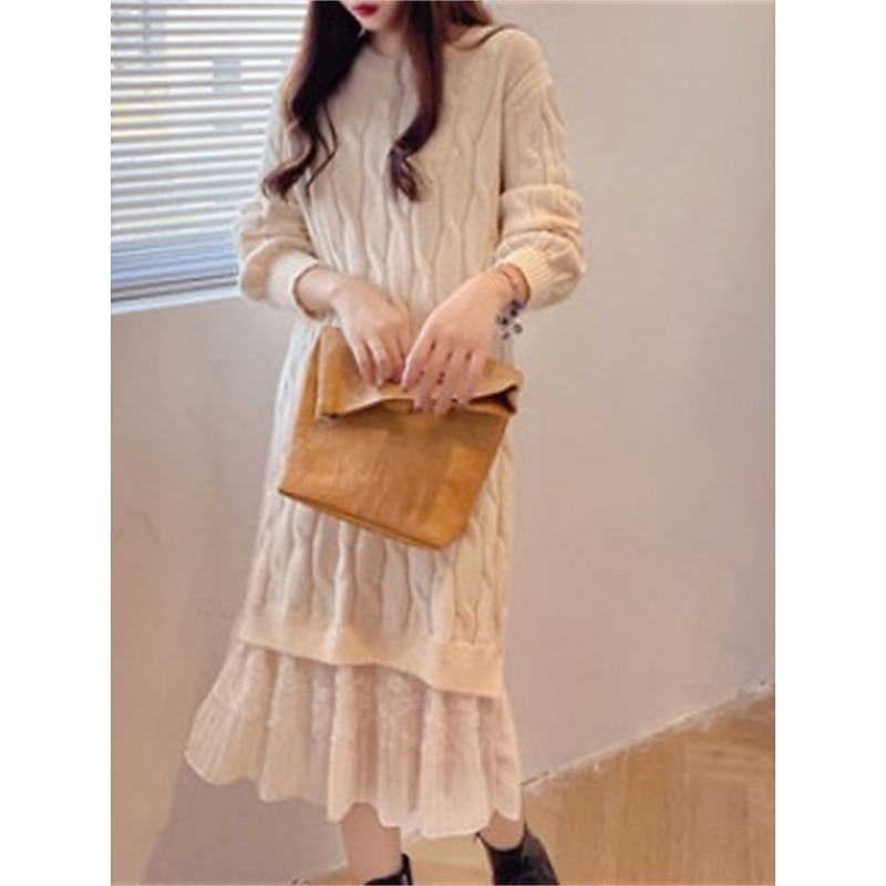 Women's Sweater Dress Knit Dress Jumper Dress Long Dress Maxi Dress Knitwear Fashion Daily Plain Outdoor Casual Holiday Vacation Crew Neck Long Sleeve Ruched Patchwork 2023 Loose Fit Black White Pink4