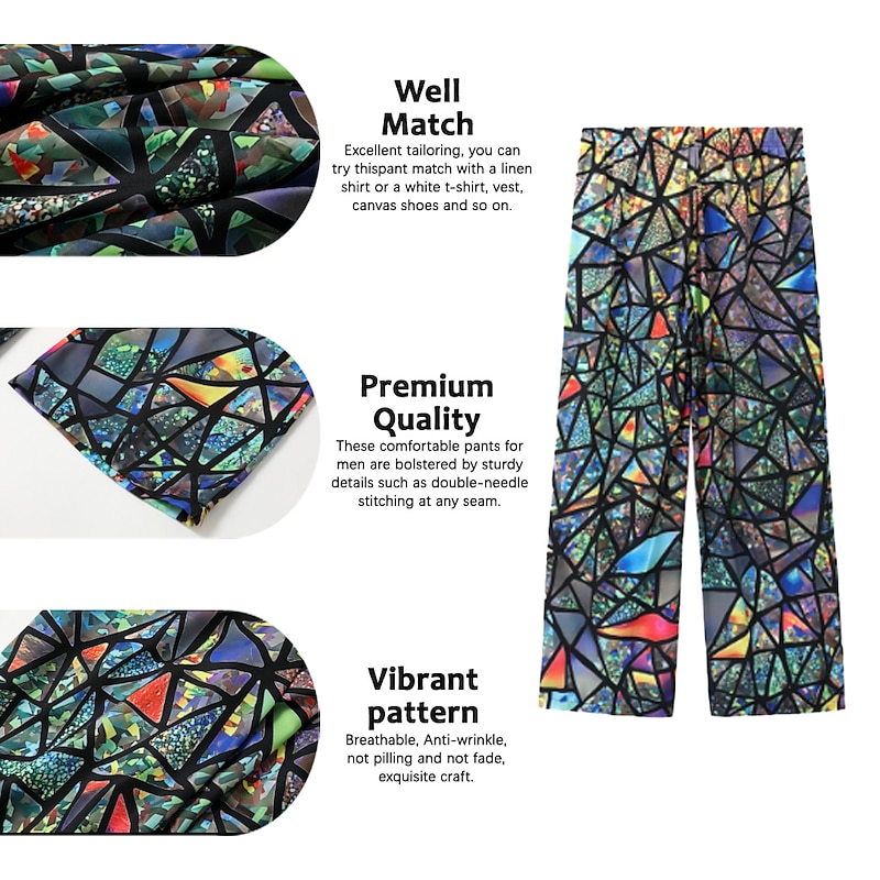 Men's Trousers Summer Pants Beach Pants Drawstring Elastic Waist 3D Print Color Block Graphic Prints Geometry Comfort Casual Daily Holiday Streetwear Hawaiian Light Green Red3