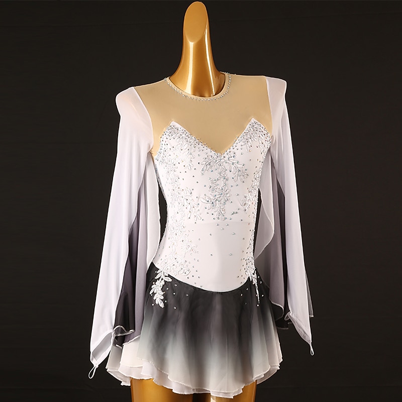 Figure Skating Dress Women's Girls' Ice Skating Dress White Patchwork Mesh High Elasticity Training Competition Skating Wear Classic Crystal / Rhinestone Long Sleeve Ice Skating Figure Skating3