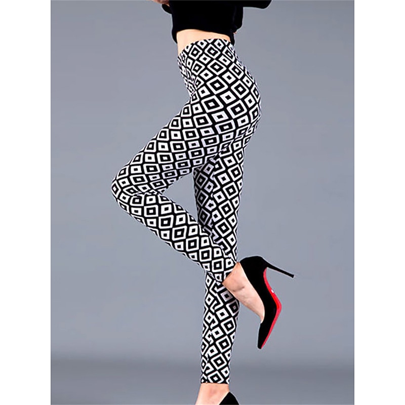 Women's Leggings Cozy Leggings Fashion Streetwear Full Length Mid Waist Geometric Striped Elastic Waist Print Breathability Comfortable Micro-elastic Outdoor Street Daily Black and white stripes3