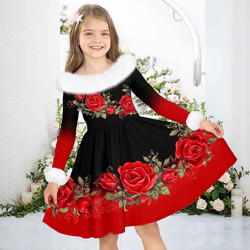 Girls' 3D Floral Dress Long Sleeve 3D Print Fall Winter Sports & Outdoor Daily Holiday Cute Casual Beautiful Kids 3-12 Years Casual Dress Swing Dress A Line Dress Above Knee Polyester Regular Fit4