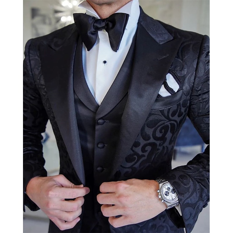 Men's Wedding Party Tuxedos Party Black Floral Tailored Fit 3 Piece Single Breasted One-button