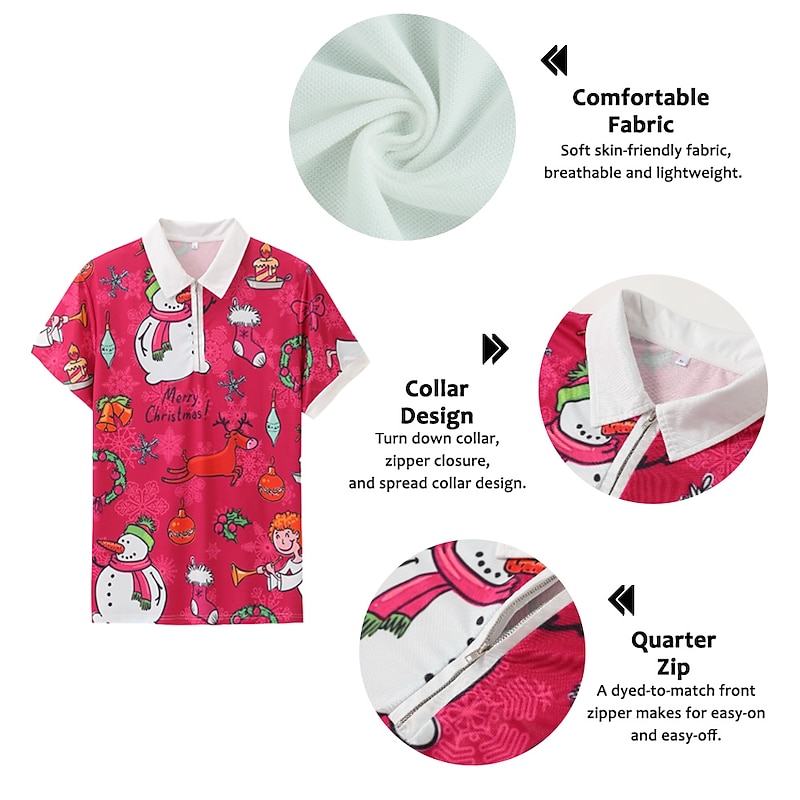 Christmas Men's Christmas Scene 3D Zipper Polo Golf Snowman Collar Yellow Pink Red Blue Light Purple Outdoor Street Short Sleeve Zipper Print Clothing Apparel Fashion Streetwear Sportswear Casual2