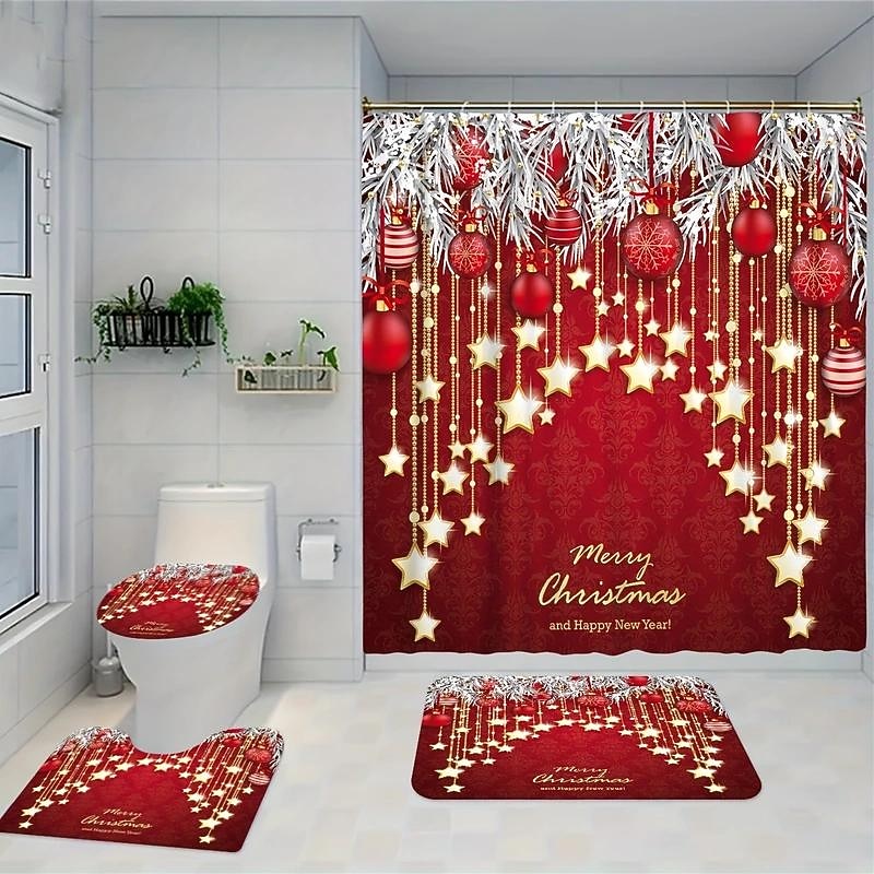 Christmas Bathroom Shower Curtain, Xmas Decoration Curtain with 12 Hooks4
