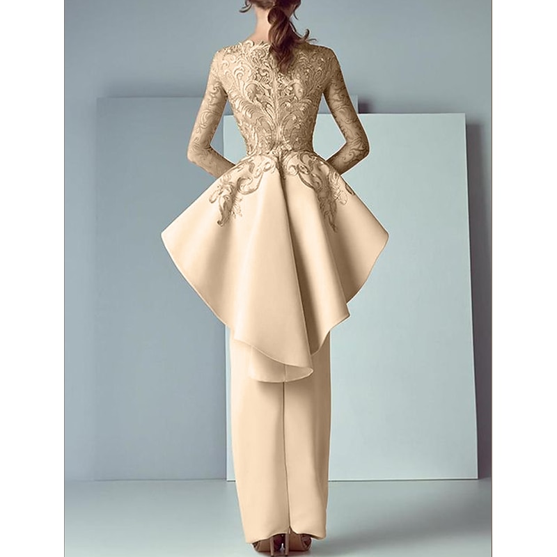 Sheath Mother of the Bride Dress Formal Wedding Guest Elegant Party Scoop Neck Floor Length Lace Stretch Fabric Long Sleeve with Ruffles Appliques2