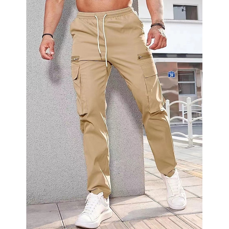 Men's Cargo Pants Cargo Trousers Pocket Drawstring Elastic Waist Plain Comfort Breathable Outdoor Daily Going out Fashion Casual Dark Khaki Black