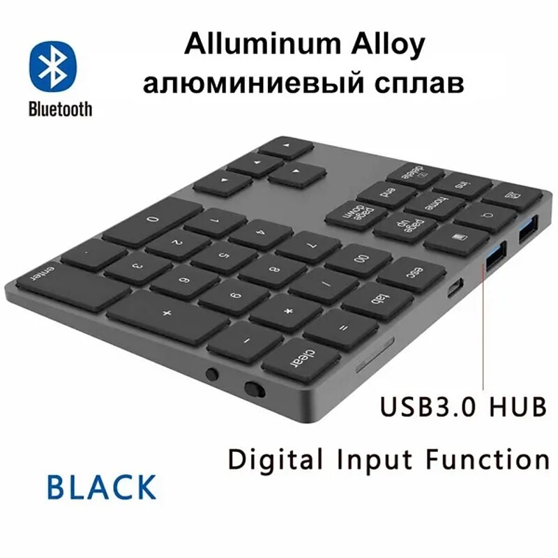 Aluminum Alloy Bluetooth Wireless Numeric Keypad with USB HUB Digital Input Function for WindowsMac OSAndroid laptop PC2