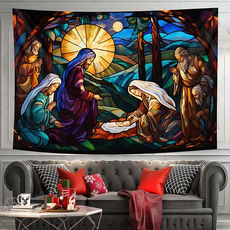 Christmas Decorations Nativity Scene Hanging Tapestry Stained Glass Wall Art Xmas Large Tapestry Mural Decor Photograph Backdrop Blanket Curtain Home Bedroom Living Room Decoration4