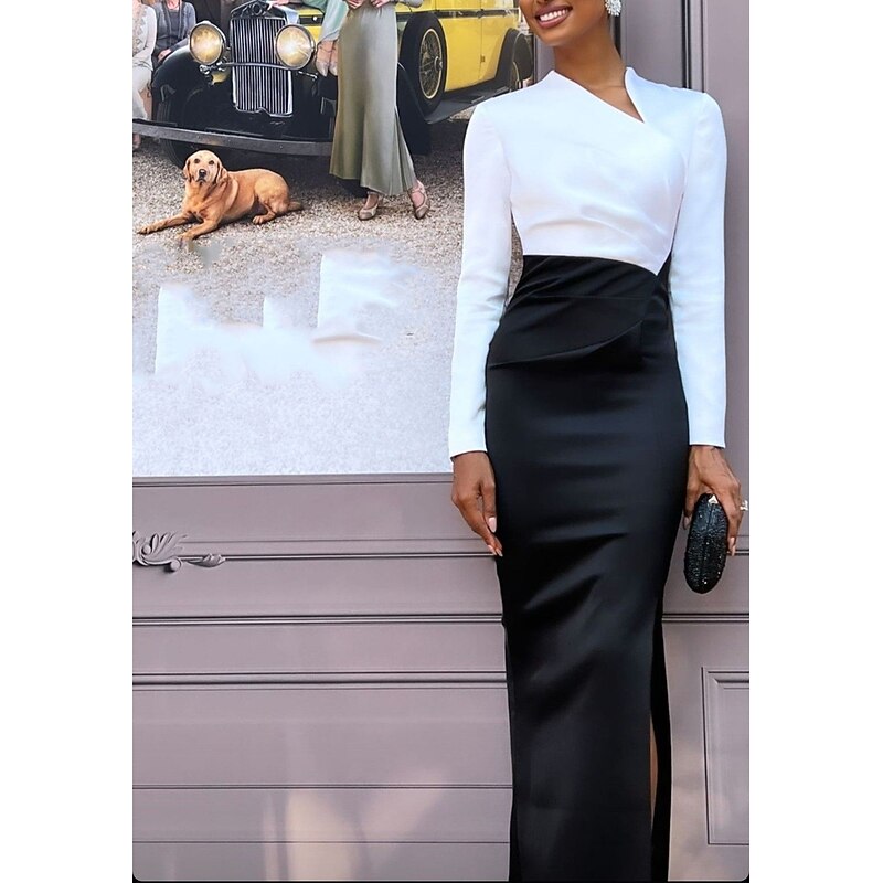 Sheath Evening Gown Elegant Dress Formal Wedding Guest Floor Length Long Sleeve V Neck Black Dress Stretch Fabric with Slit4