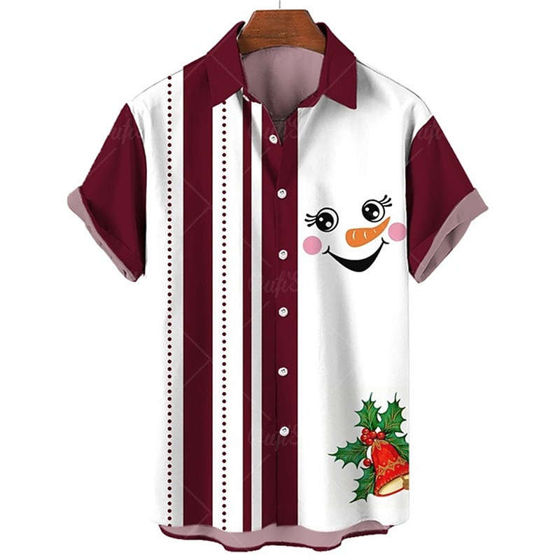 Christmas Men's Christmas Scene Printed Shirts Shirts  Snowman Snowflake Casual Outdoor Street Fall Turndown Short Sleeve Yellow Burgundy Blue S M L3