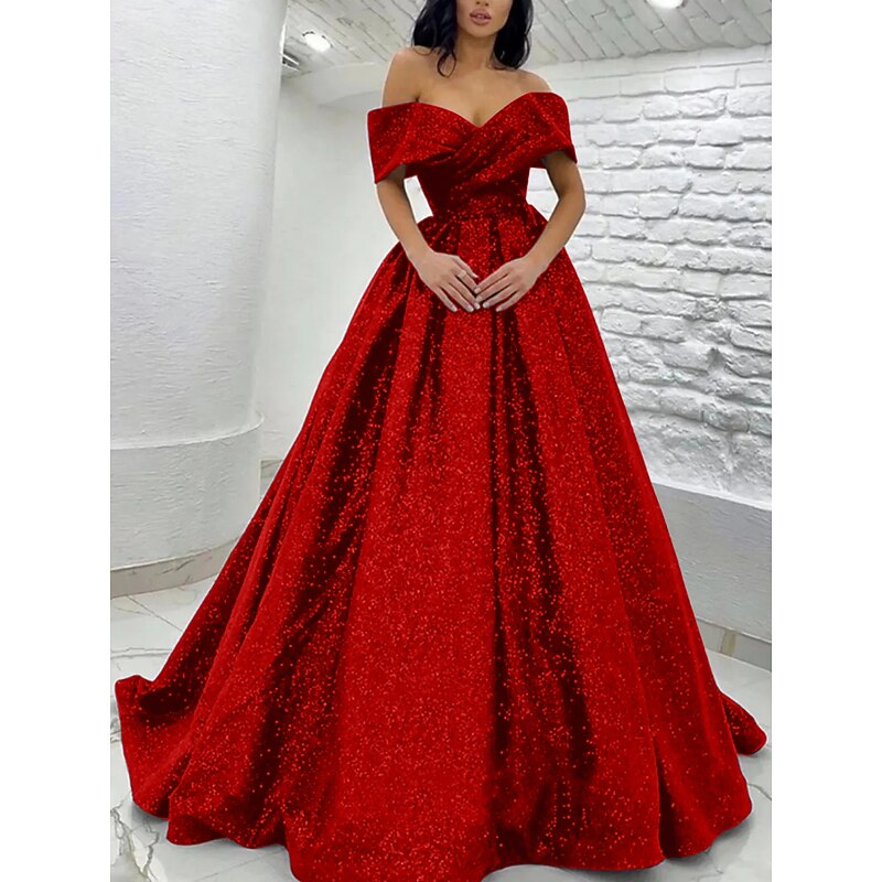 A-Line Prom Dresses Elegant Dress Black Tie Gala Sweep / Brush Train Short Sleeve Off Shoulder Sequined with Glitter Pleats