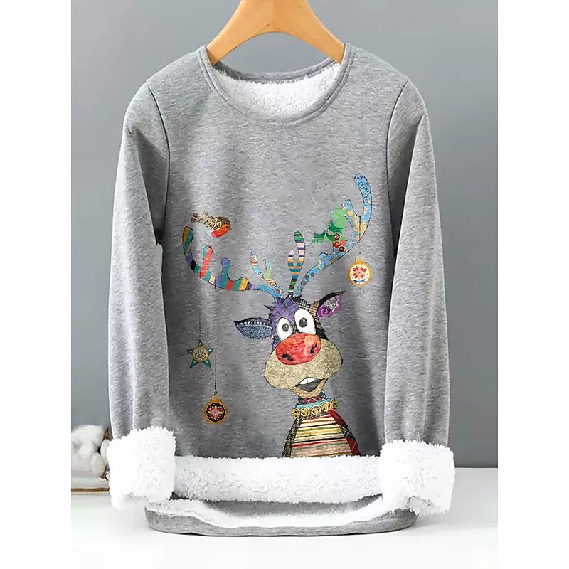 Women's Fleece Lined Pullover Sweatshirt Pajamas Reindeer Warm Funny Fuzzy Long Sleeve Round Neck Crewneck Long Tops Christmas Casual Sports Black Yellow Dark Pink Red Blue Fall & Winter2