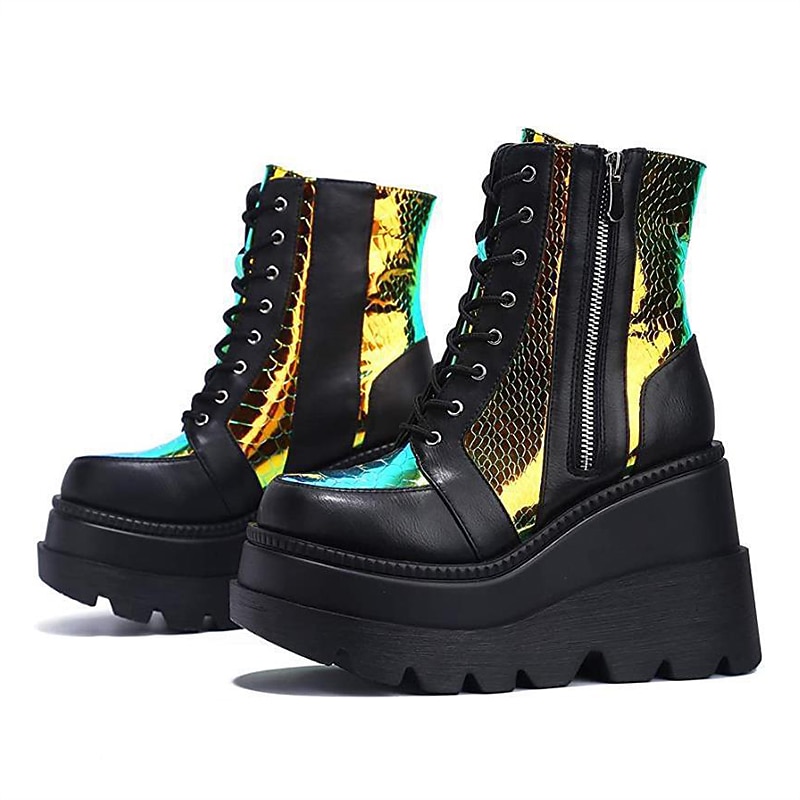 Women's Holographic Snake - Print Platform Ankle Boots, Edgy Punk Goth Style with Chunky Heel & Side Zipper, Perfect for Night Out & Festival Looks