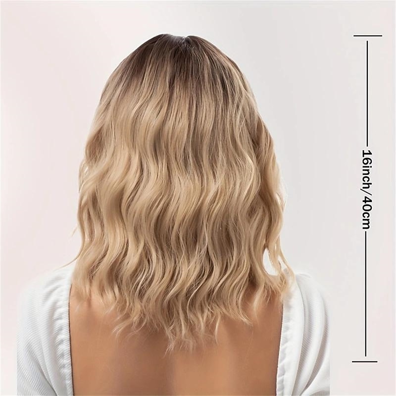 16 Inch Short Wavy Gradient Blonde Wigs With Bangs Synthetic Fiber Wavy Curly Wigs For Daily Party Cospaly Cosplay Wear Christmas Party Wigs4