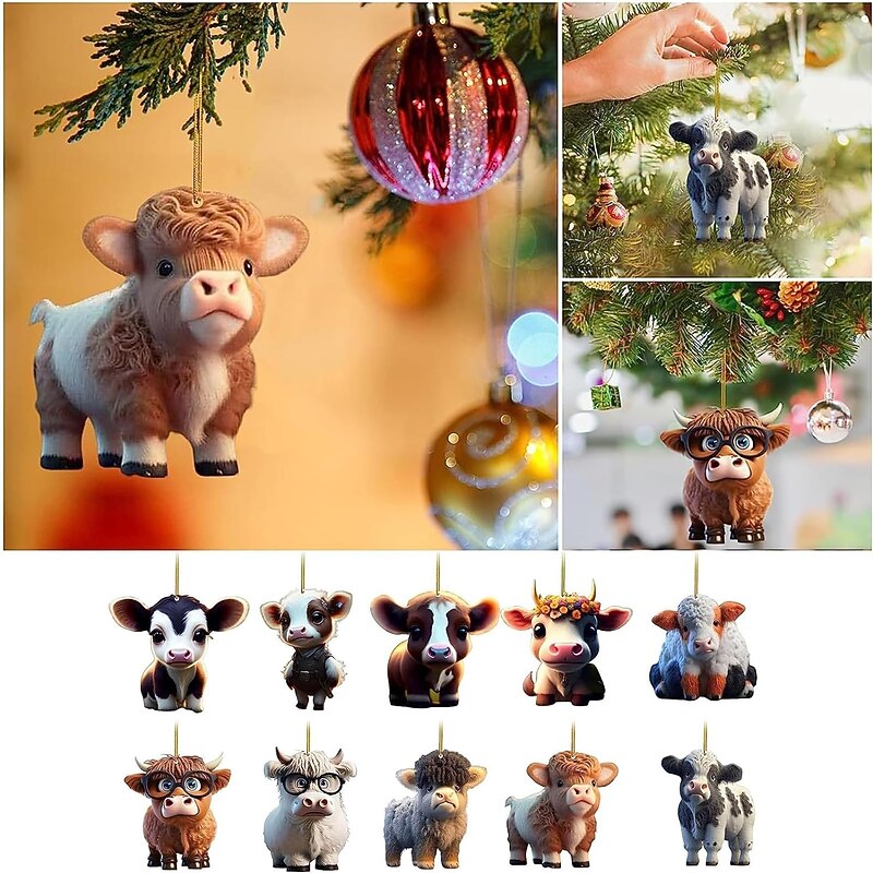 10pcs/set Christmas Tree Ornaments Cow Hanging Decorations Cute Cow Christmas Ornament 2025 New 2D Acrylic Crafts Hanging Ornament New Year Festive Party Supplies Room Hanging Decor2