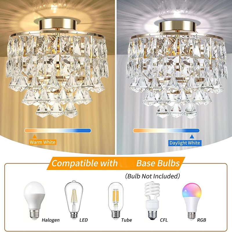 Modern Gold Crystal Chandeliers, Mini Flush Mount Ceiling Light Fixture, Close to Ceiling for Hallway, Bedroom, Bathroom, Closet, Kitchen, Foyer 110-240V3