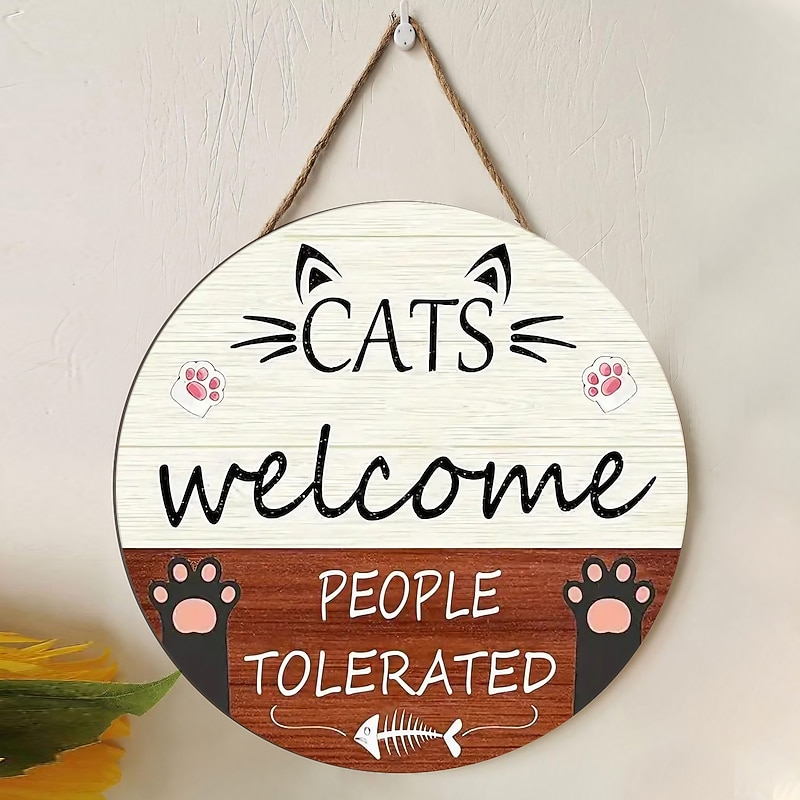 1pc, Cat  Welcome Sign Front Door Decoration,Rustic Round Wood Wall Hanging Outdoor, Fall Winter Seasonal Door Decor, Themed Wedding Birthday Anniversary Party Supp