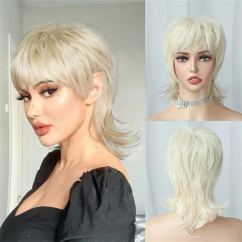 Short Blonde Wig Shaggy Layered 80s Mullet Wig Pixie Cut Wig With Bangs Curly Synthetic Natural Fake Hair Replacement Wigs For Women Daily Party Cosplay Costume Use Christmas Party Wigs