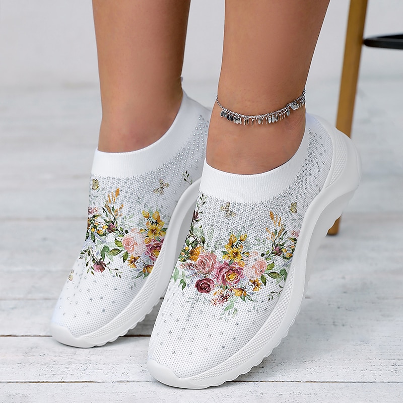 Women's White Floral Knit Slip-On Sneakers – Breathable Lightweight Walking Shoes with Rhinestone Accents for Casual Wear, Travel, and Spring Outfits2