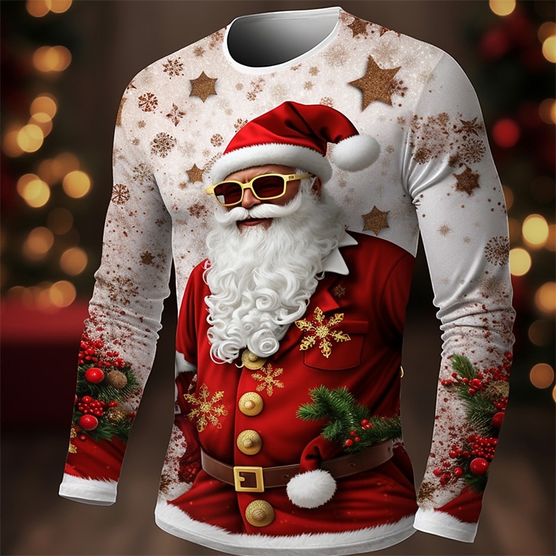 Christmas Men's Graphic Santa Claus T Shirt Long Sleeve T shirt 3D Print Crew Neck Shirt Fashion Designer Casual Sports Outdoor Holiday Going out Red Royal Blue Blue Spring &  Fall Clothing Apparel S
