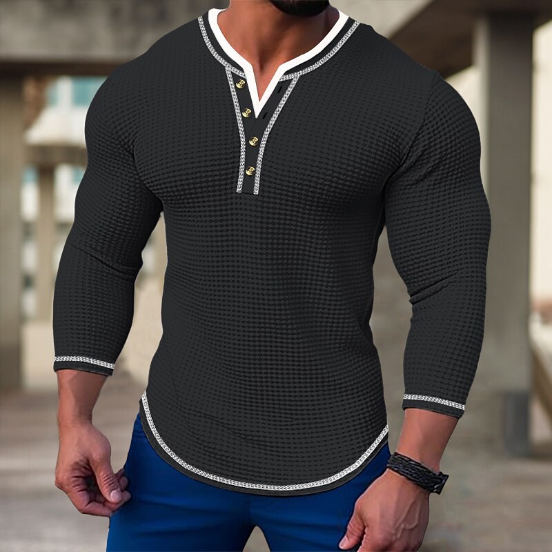 Men's T shirt Tee Waffle Henley Shirt Henley Shirt Tee Top Long Sleeve Shirt Color Block Henley Street Vacation Long Sleeve Patchwork Clothing Apparel Fashion Designer Basic4