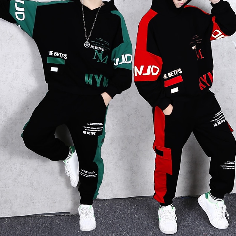 2 Pieces Kids Boys Hoodie & Pants Outfit Graphic Letter Long Sleeve Pocket Set Outdoor Fashion Cool Spring Fall 7-13 Years Black Dark Green3