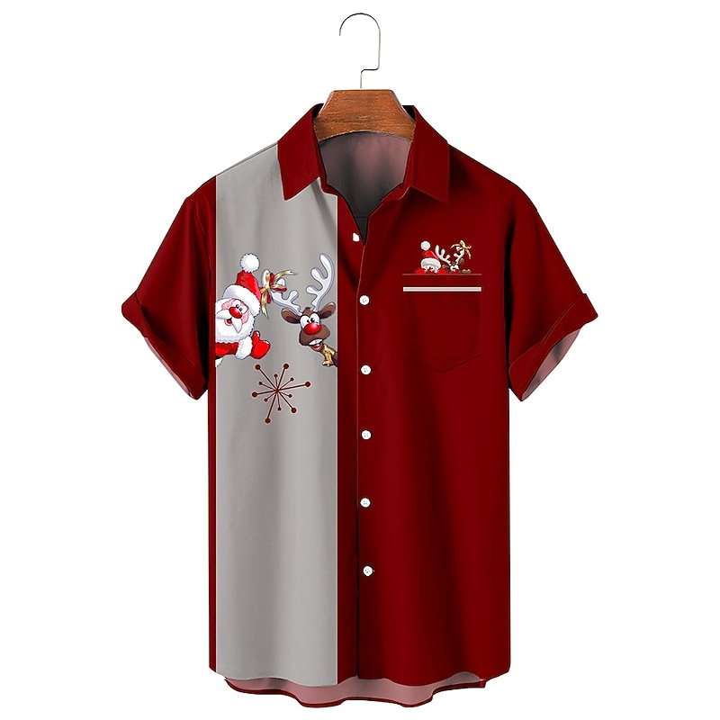 Christmas Men's Santa Claus Hawaiian Shirt Color Block Santa Claus Reindeer Casual Aloha Outdoor clothing Daily Wear Streetwear Fall Turndown Short Sleeve Black Red Green S M L Normal