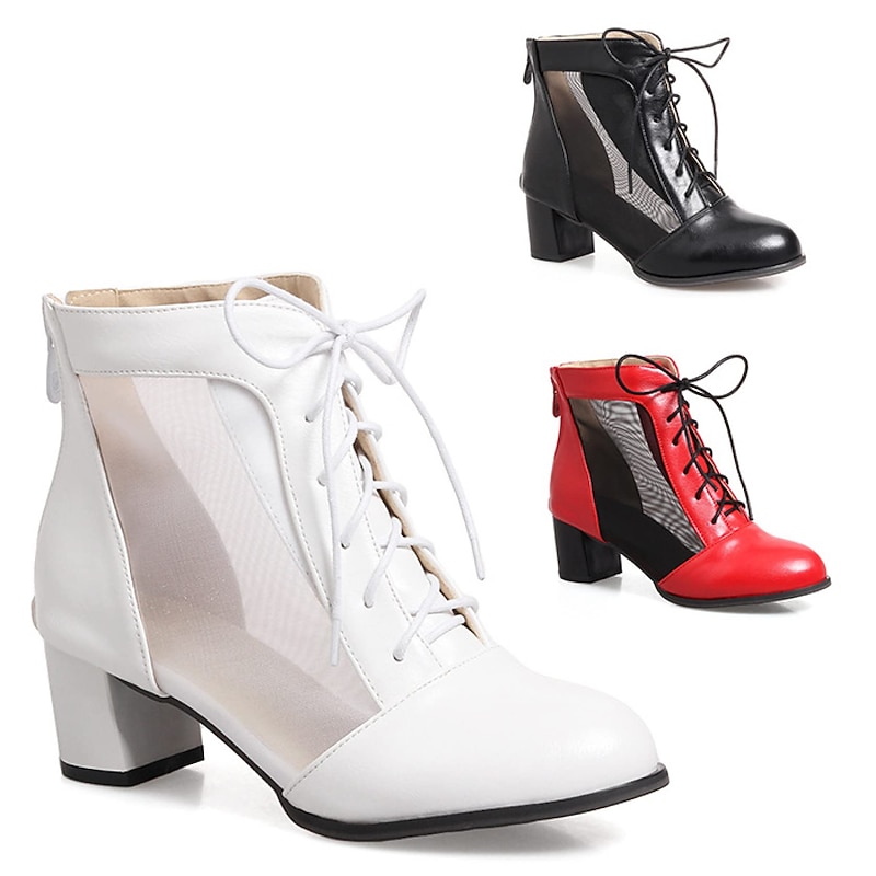Women's White Mesh Panel Lace-Up Ankle Boots with Block Heel, Breathable Fashion Short Boots for Spring and Summer Casual or Party Wear