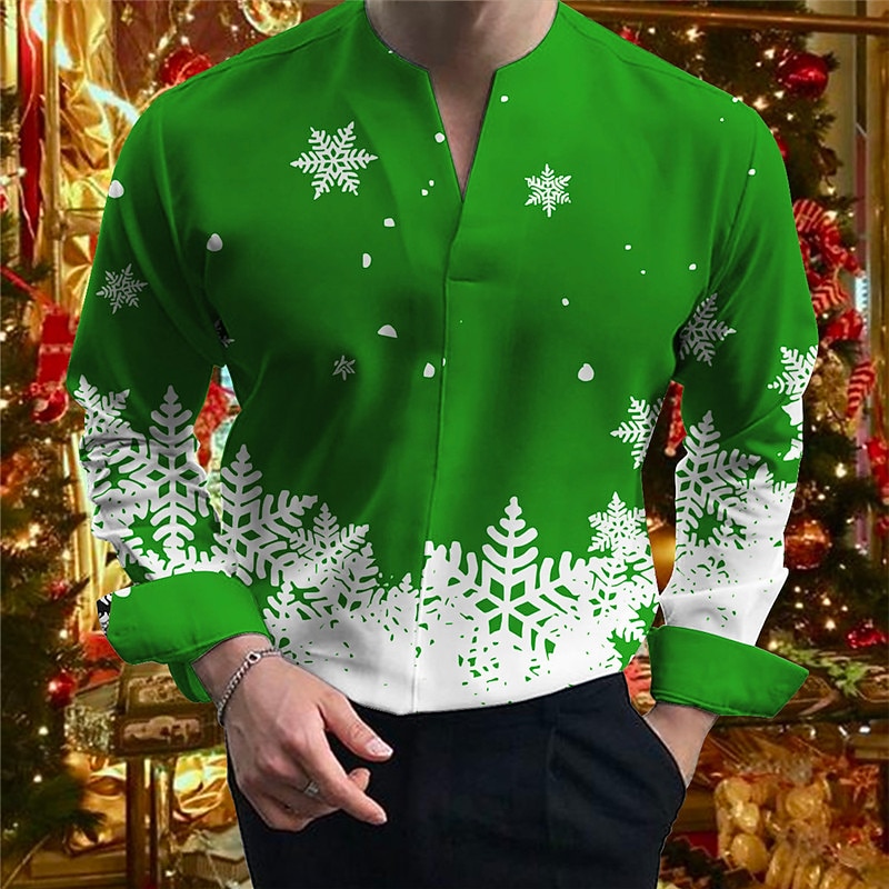 Christmas Men's Christmas Scene Printed Shirts Snowflake Casual Outdoor Street Fall & Winter Split Neck Long Sleeve Black Burgundy Green S M L Shirt3