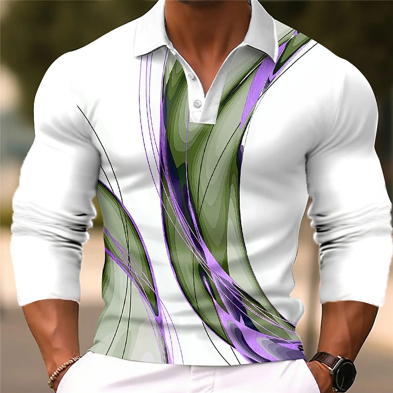 Men's Geometric Polo Shirts Golf Shirt Long Sleeve Polo Shirts Collared Shirts Business Casual WorkWear Formal Wear Festival Wear 3D Print Buttons Fall & Winter Blue Purple Brown4