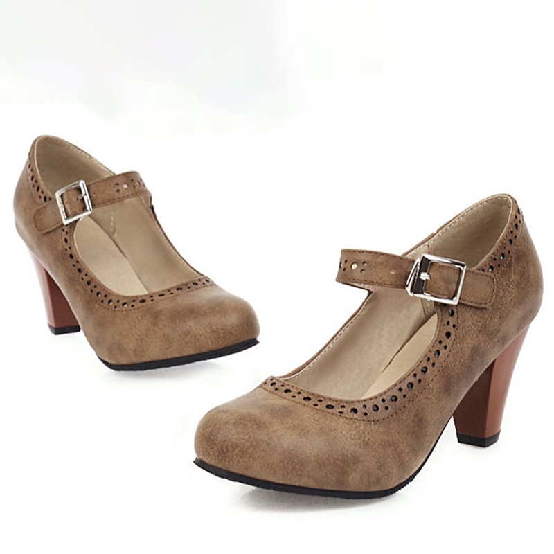 Women's Vintage Brown Mary Jane Pumps with Buckle Strap and Block Heel - Perfect for Office and Casual Wear2