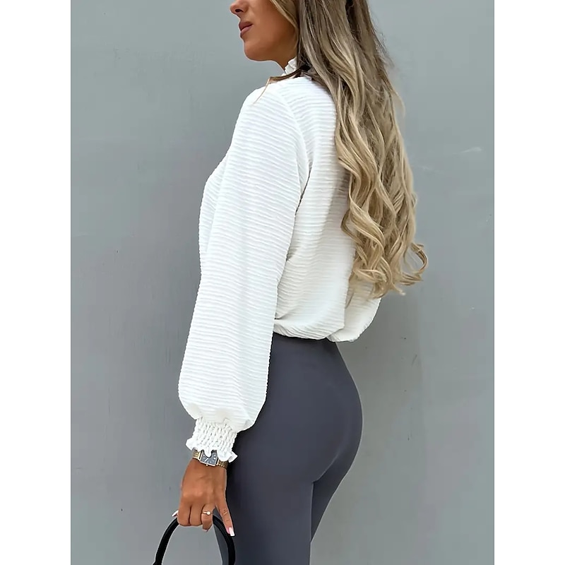 Shirt Blouse Women's Black White Pink Solid / Plain Color Puff Sleeve Daily Fashion High Neck Regular Fit S3