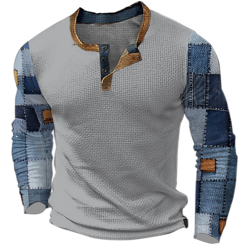 Men's Graphic Plaid Color Block Henley Shirt Waffle T Shirt Long Sleeve 3D Print Designer Casual Vintage Retro Sports Outdoor Holiday Festival Spring &  Fall Black Navy Blue Khaki Gray Henley Henley3