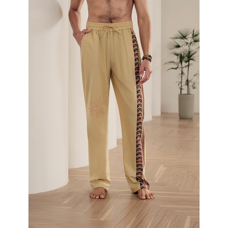 Men's Color Block Graphic Prints Linen Pants Trousers Summer Pants Mid Waist Ethnic Style Retro Vintage Casual Daily Holiday Drawstring Elastic Waist 3D Print Spring & Summer 3D Print Black Green4